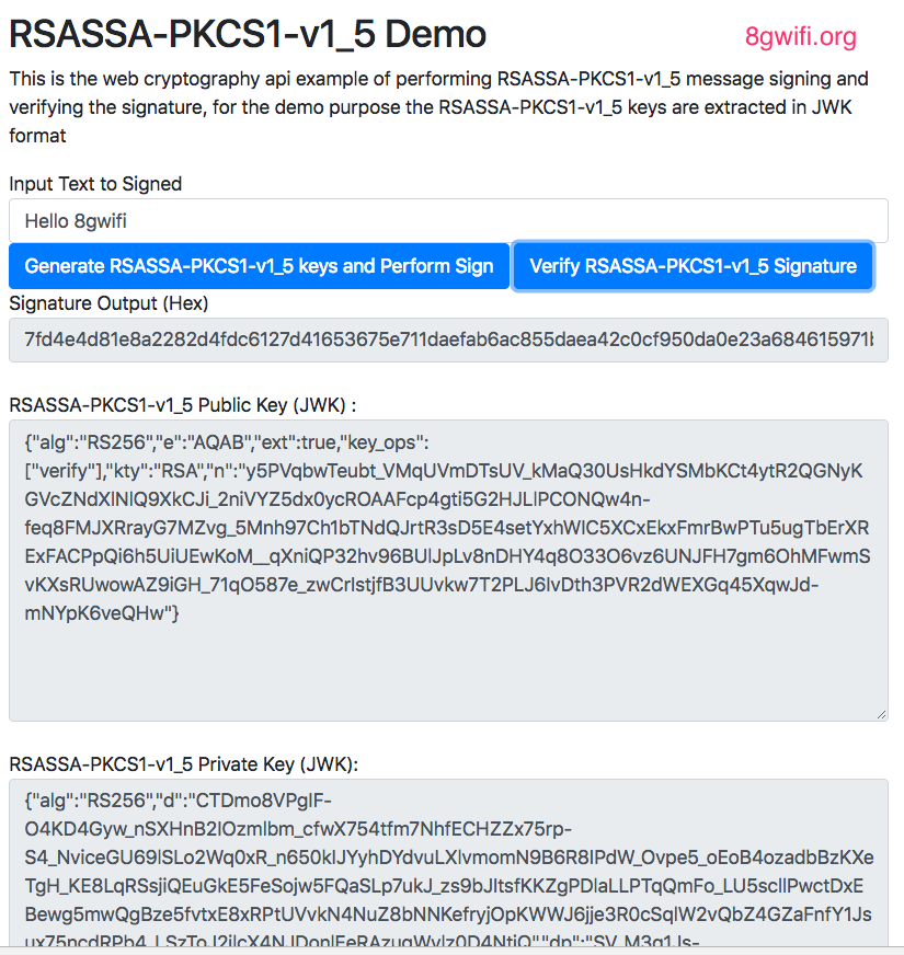 Web Crypto API RSASSA-PKCS1-v1_5 Generate Keys and Perform sign/verify